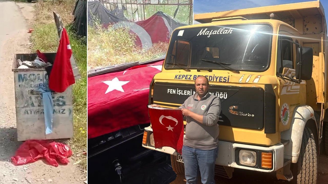 Antalya’da çöpe atılan Türk bayrağını alıp başköşeye koydu